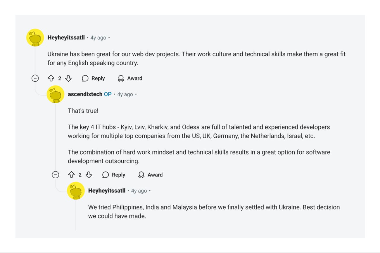 Reddit thread about collaborating with a Ukrainian outsourcing company