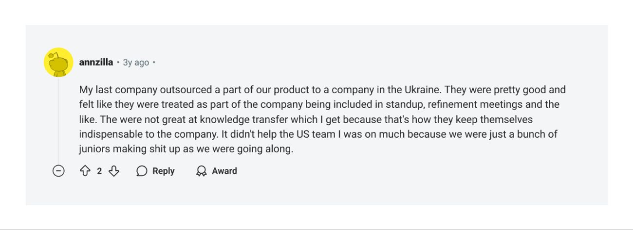 Reddit comment on working with a development company in Ukraine