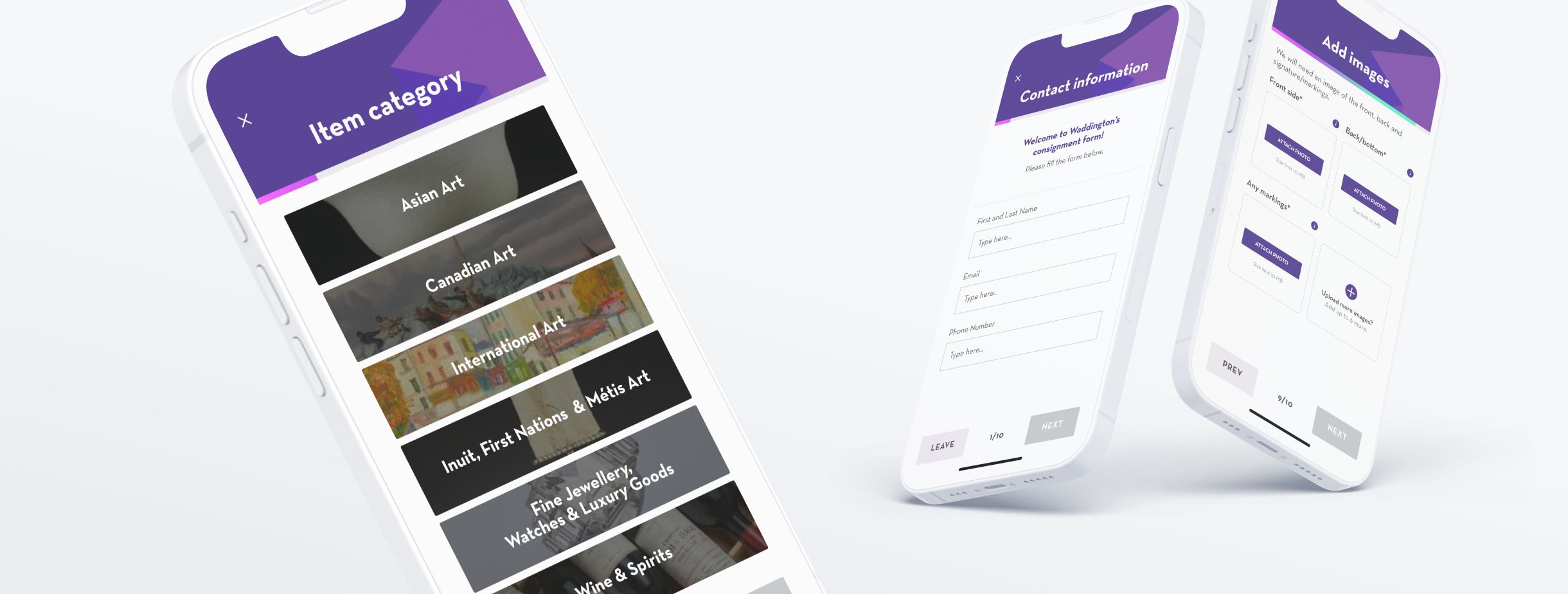 Waddington’s consignment app screens: item category selection, contact details, and photo upload