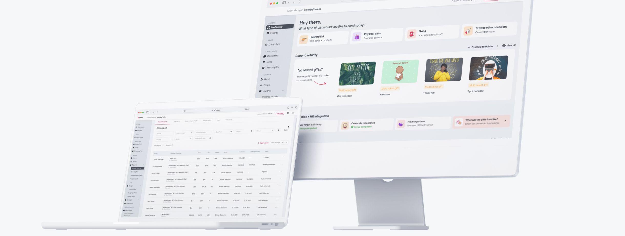 Gifted interface across devices: dashboard and gift reports